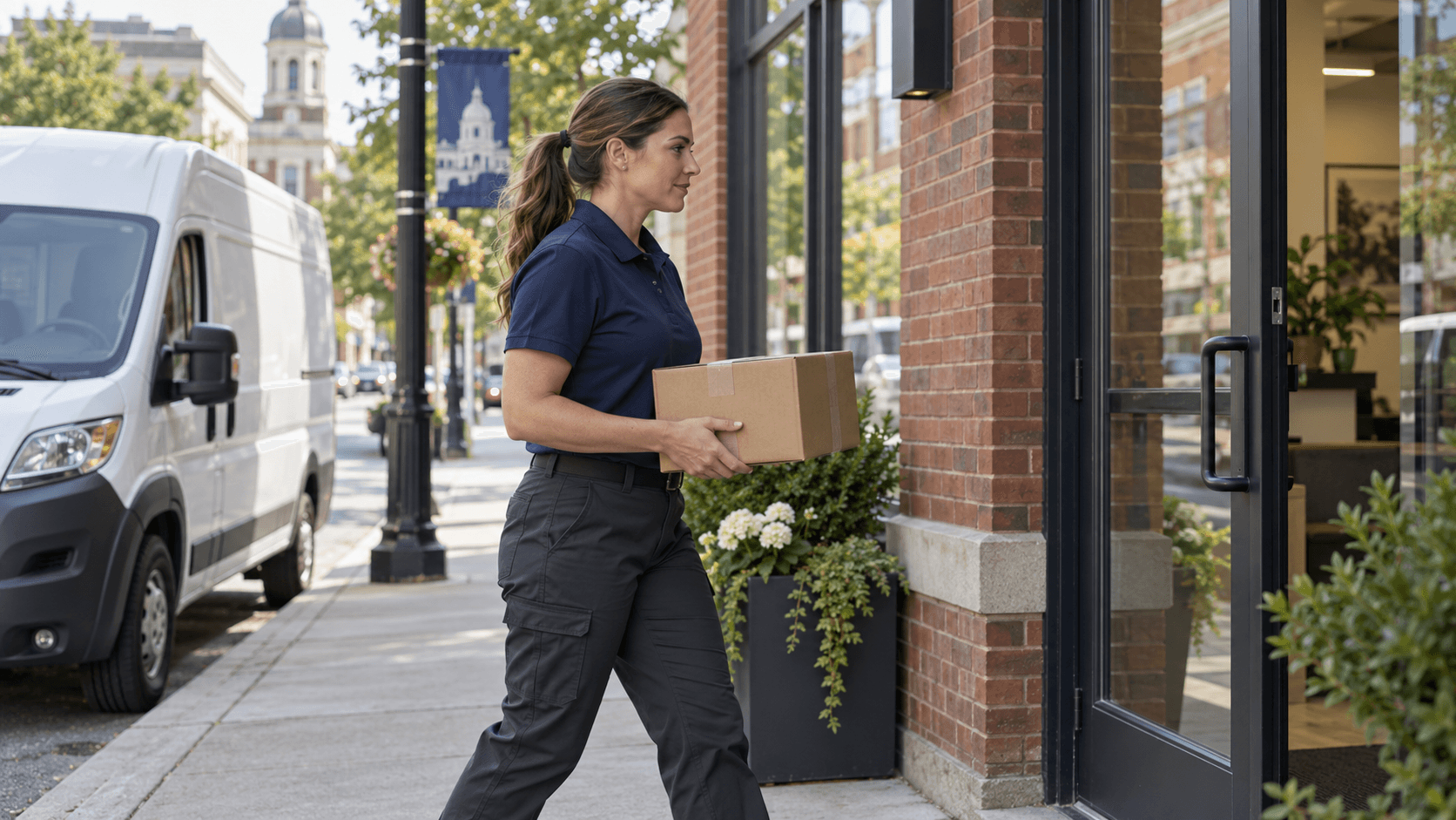Illustrative delivery professional arriving at a local business