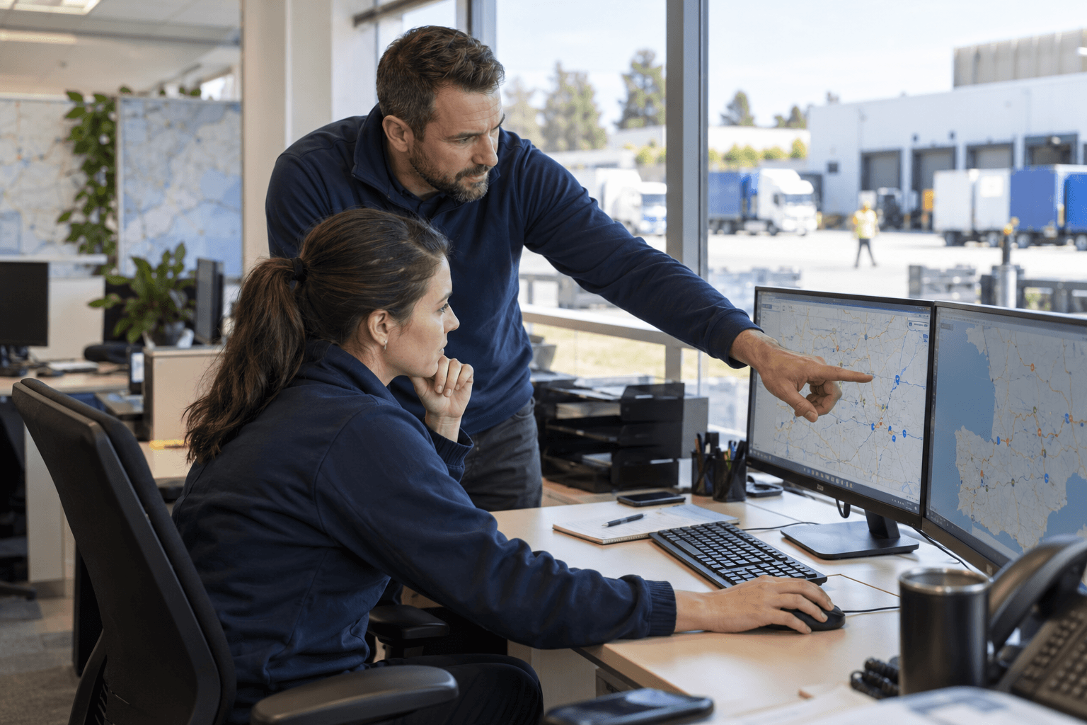 Illustrative scene of dispatch colleagues reviewing route information