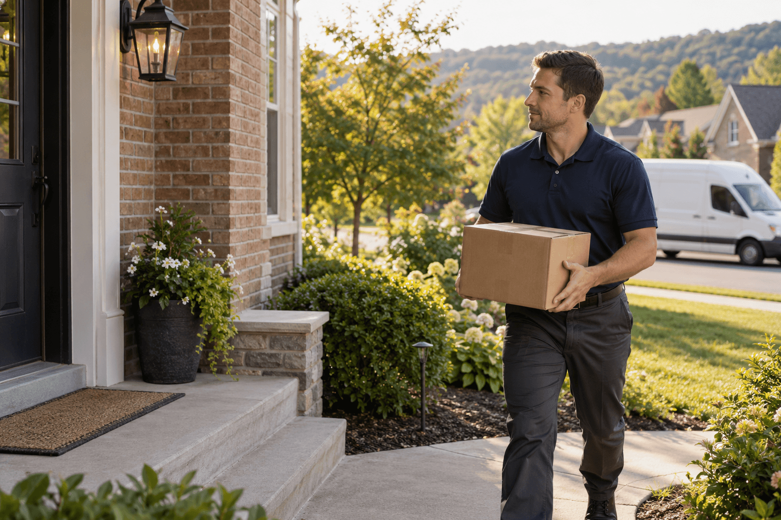 Illustrative scene of a driver carrying a parcel to a residential doorstep
