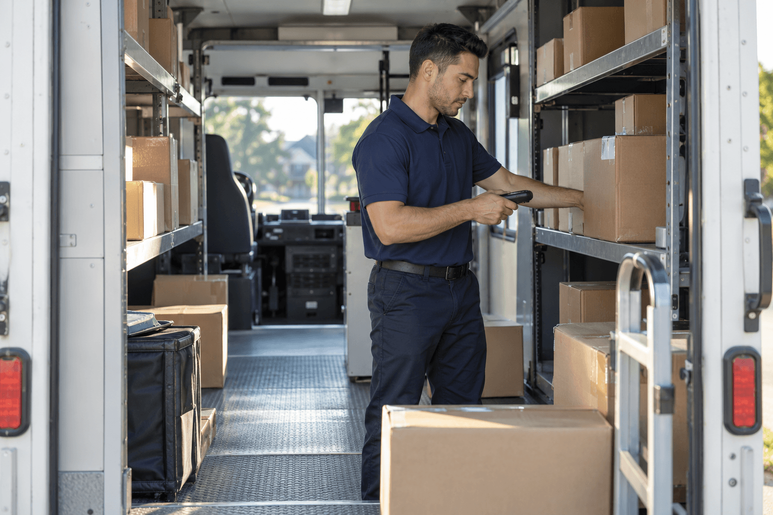 Illustrative scene of a driver organizing parcels inside a delivery van
